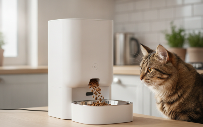 Biały dozownik karmy Xiaomi Smart Pet Food Feeder 2 w jasnej kuchni. Kot przy stalowej misce pełnej karmy. Inteligentny gadżet dla zwierząt Xiaomi.