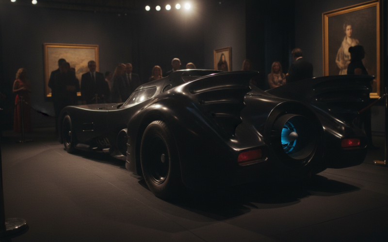 Oryginalny czarny Batmobil 1989 Michaela Keatona w galerii aukcyjnej. Lśniąca sylwetka z turbiną odrzutową oświetlona punktowo w eleganckim, mrocznym wnętrzu.